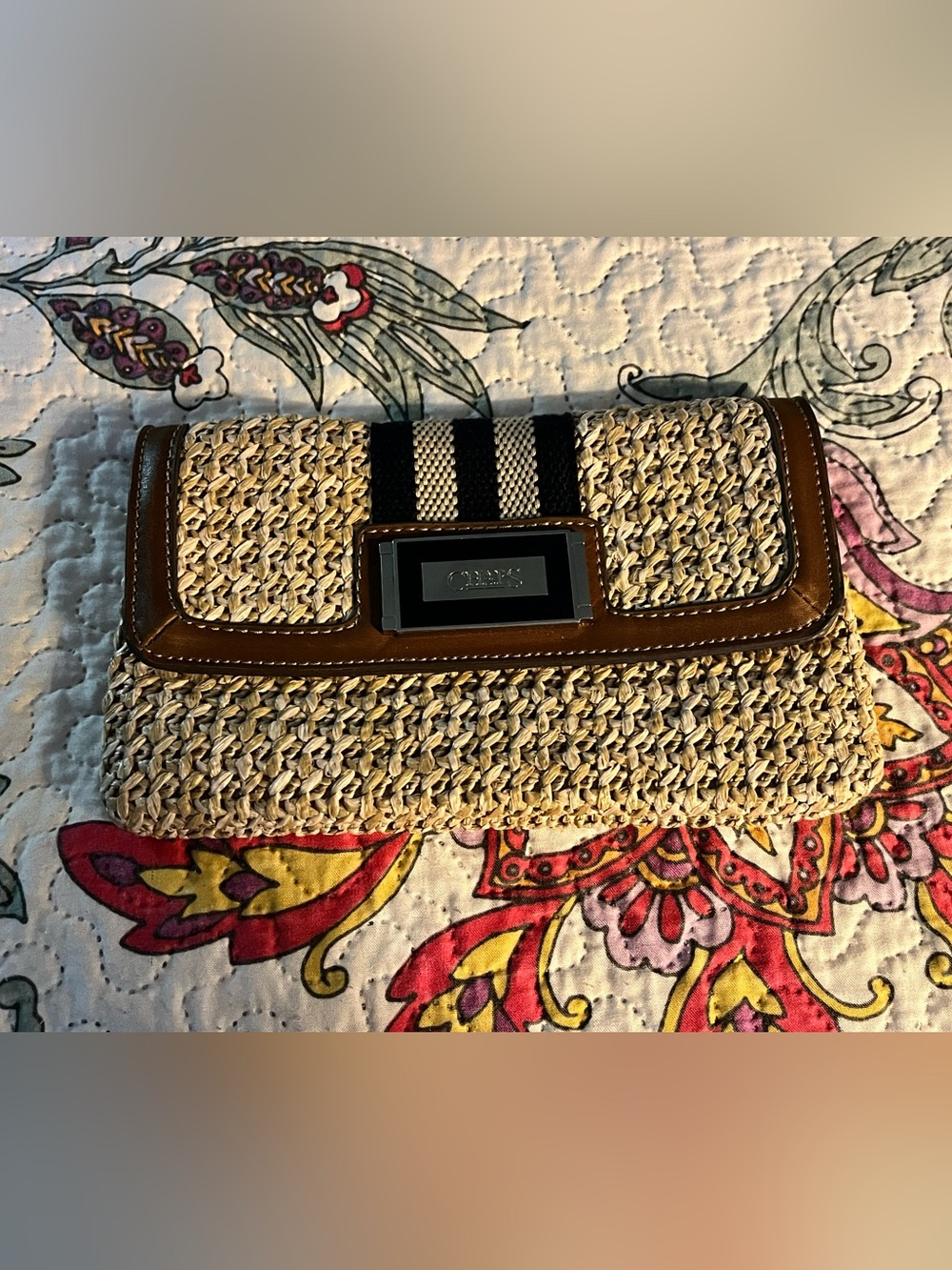 Women’s Chaps Twine Clutch with Brown Leather & Blue Stripes Purse Handbag